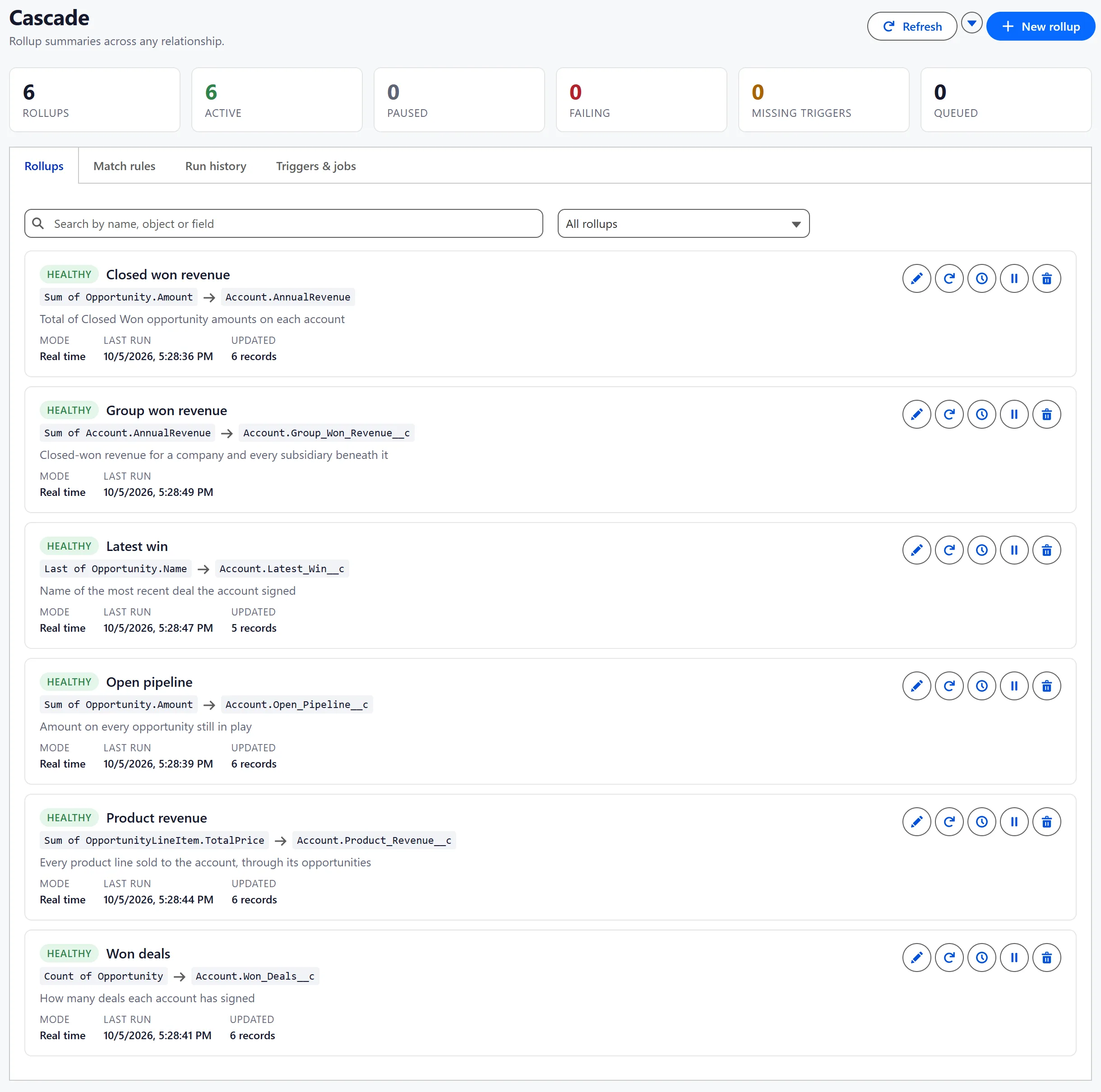 Cascade console listing healthy Salesforce rollups