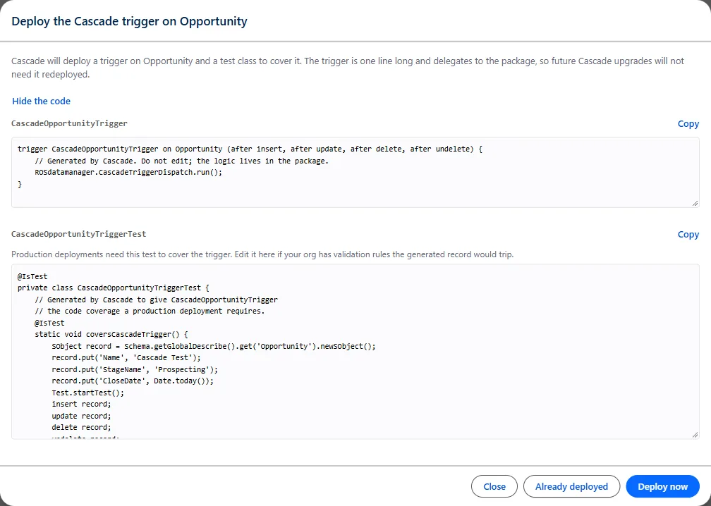 Deploy trigger dialog showing the one-line generated trigger and its test class