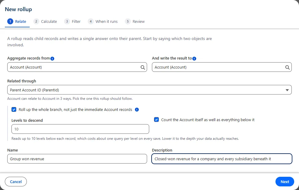 Relate step rolling up the whole Parent Account branch with a depth setting