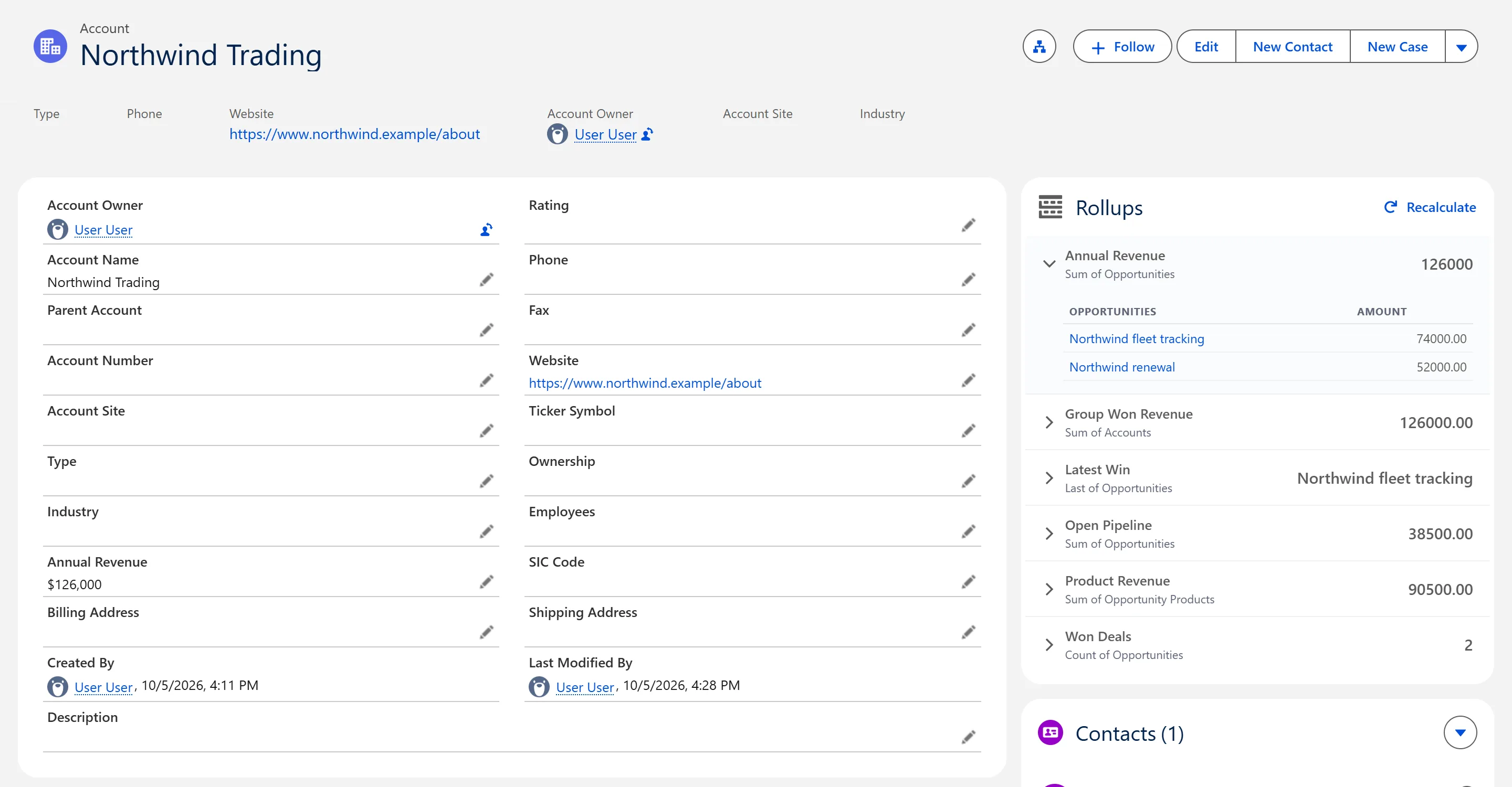 Account record page with a Rollups panel expanded to show the opportunities behind Annual Revenue